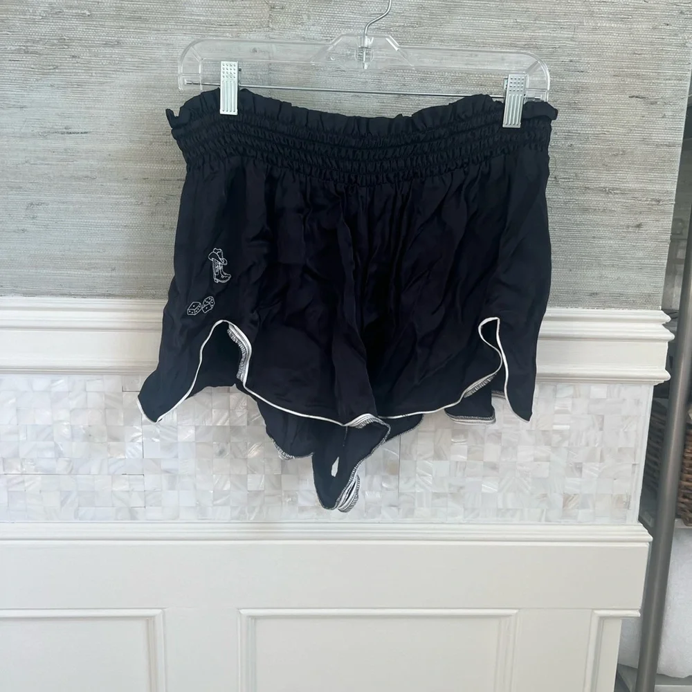 NWT new large Anthropologie black silky ruffle pj shorts embroidered boot dice